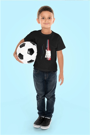 Elektro Gitar Baskılı Unisex Siyah Çocuk Tişört - Tshirt