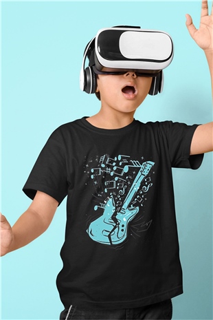 Elektro Gitar Baskılı Unisex Siyah Çocuk Tişört - Tshirt
