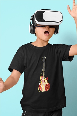 Elektro Gitar Baskılı Unisex Siyah Çocuk Tişört - Tshirt