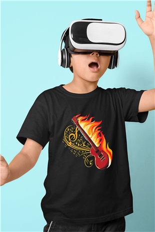Elektro Gitar Baskılı Unisex Siyah Çocuk Tişört - Tshirt