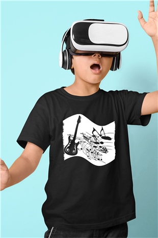Elektro Gitar Baskılı Unisex Siyah Çocuk Tişört - Tshirt