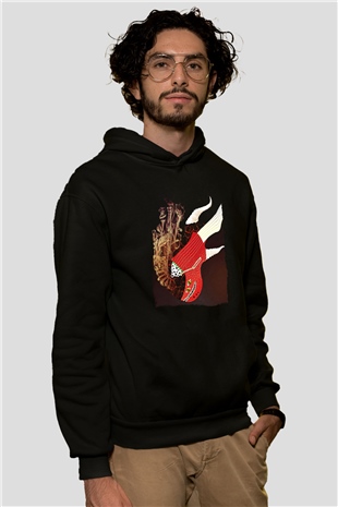 Elektro Gitar Baskılı Unisex Siyah Hoodie