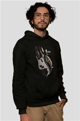 Elektro Gitar Baskılı Unisex Siyah Hoodie