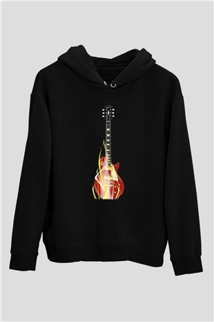 Elektro Gitar Baskılı Unisex Siyah Hoodie