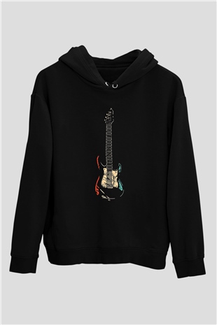 Elektro Gitar Baskılı Unisex Siyah Hoodie