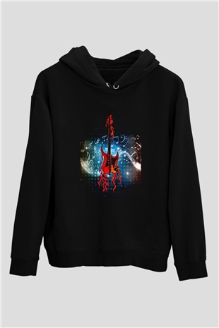 Elektro Gitar Baskılı Unisex Siyah Hoodie