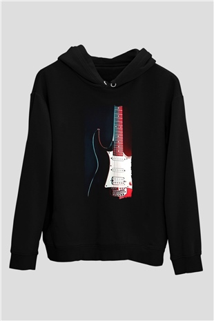 Elektro Gitar Baskılı Unisex Siyah Hoodie
