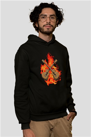 Elektro Gitar Baskılı Unisex Siyah Hoodie