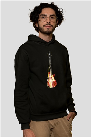 Elektro Gitar Baskılı Unisex Siyah Hoodie