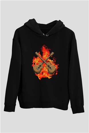 Elektro Gitar Baskılı Unisex Siyah Hoodie