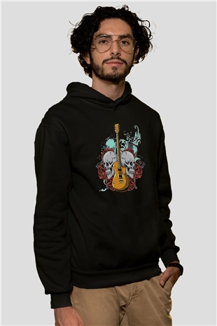 Elektro Gitar Baskılı Unisex Siyah Hoodie