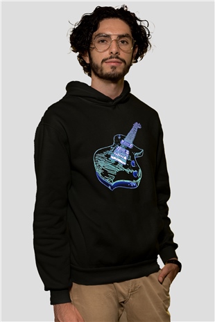 Elektro Gitar Baskılı Unisex Siyah Hoodie