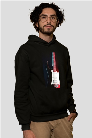 Elektro Gitar Baskılı Unisex Siyah Hoodie