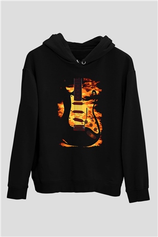 Elektro Gitar Baskılı Unisex Siyah Hoodie