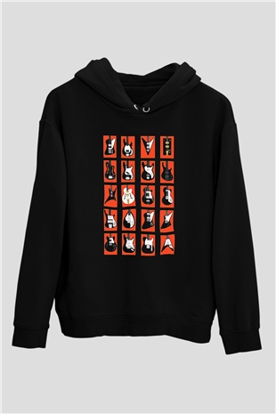 Elektro Gitar Baskılı Unisex Siyah Hoodie