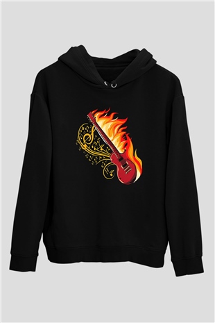 Elektro Gitar Baskılı Unisex Siyah Hoodie