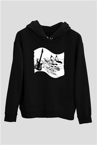 Elektro Gitar Baskılı Unisex Siyah Hoodie