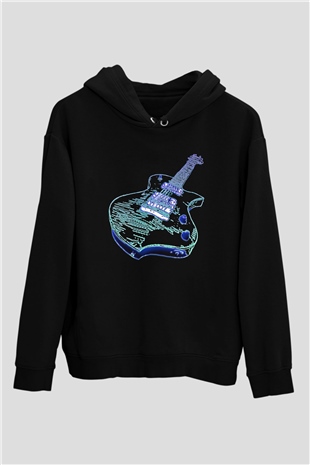 Elektro Gitar Baskılı Unisex Siyah Hoodie