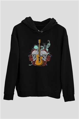 Elektro Gitar Baskılı Unisex Siyah Hoodie