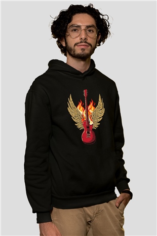 Elektro Gitar Baskılı Unisex Siyah Hoodie