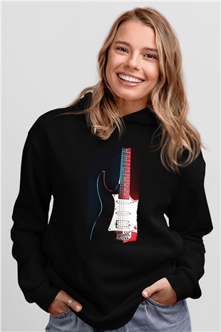 Elektro Gitar Baskılı Unisex Siyah Hoodie