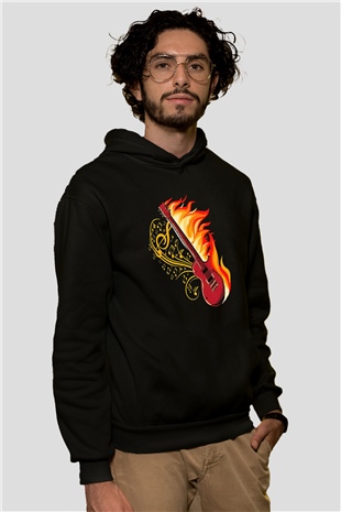 Elektro Gitar Baskılı Unisex Siyah Hoodie