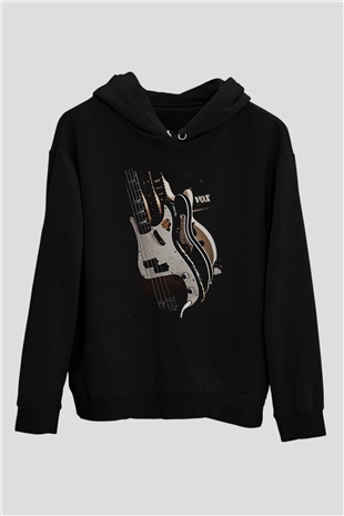 Elektro Gitar Baskılı Unisex Siyah Hoodie