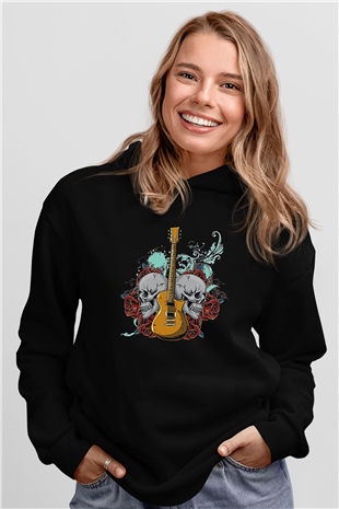 Elektro Gitar Baskılı Unisex Siyah Hoodie