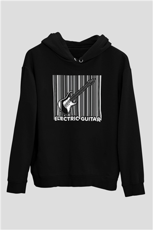 Elektro Gitar Baskılı Unisex Siyah Hoodie