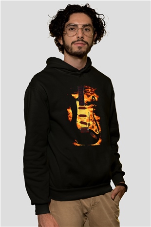 Elektro Gitar Baskılı Unisex Siyah Hoodie