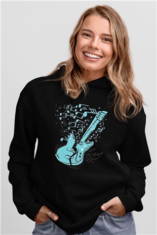 Elektro Gitar Baskılı Unisex Siyah Hoodie