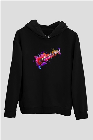 Elektro Gitar Baskılı Unisex Siyah Hoodie