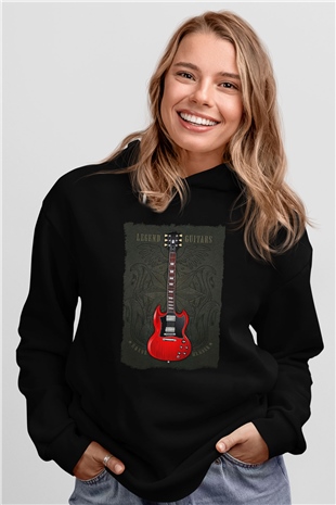 Elektro Gitar Baskılı Unisex Siyah Hoodie