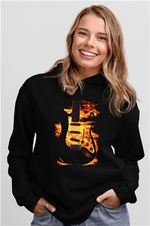Elektro Gitar Baskılı Unisex Siyah Hoodie
