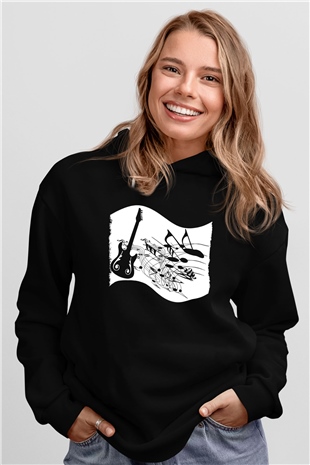 Elektro Gitar Baskılı Unisex Siyah Hoodie
