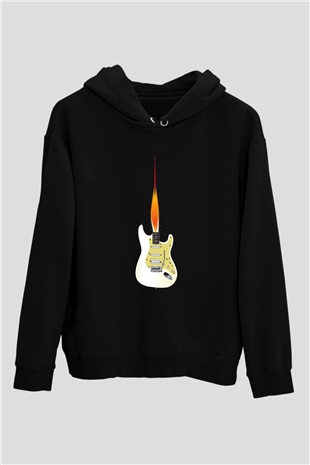 Elektro Gitar Baskılı Unisex Siyah Hoodie