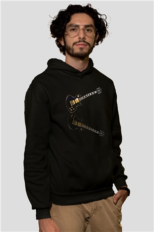 Elektro Gitar Baskılı Unisex Siyah Hoodie