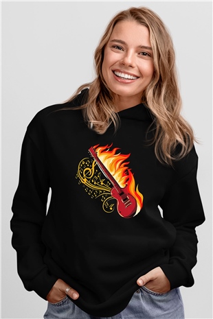 Elektro Gitar Baskılı Unisex Siyah Hoodie