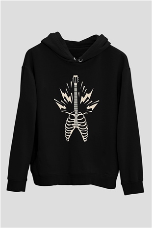 Elektro Gitar Baskılı Unisex Siyah Hoodie