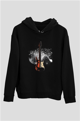 Elektro Gitar Baskılı Unisex Siyah Hoodie