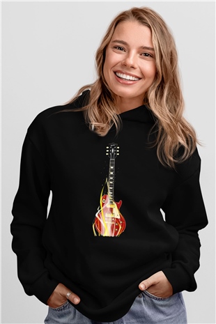Elektro Gitar Baskılı Unisex Siyah Hoodie