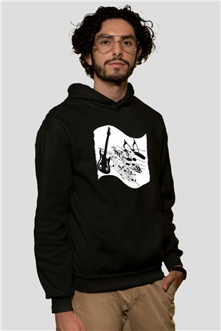 Elektro Gitar Baskılı Unisex Siyah Hoodie