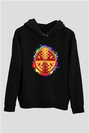 Elektro Gitar Baskılı Unisex Siyah Hoodie