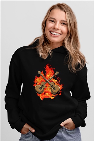 Elektro Gitar Baskılı Unisex Siyah Hoodie