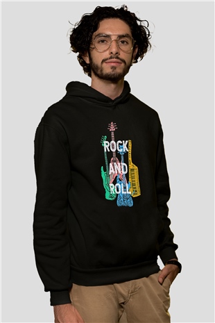 Elektro Gitar Baskılı Unisex Siyah Hoodie