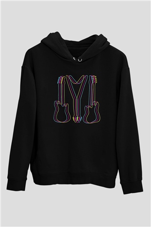 Elektro Gitar Baskılı Unisex Siyah Hoodie