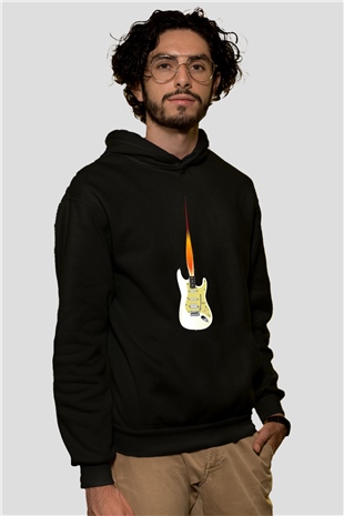 Elektro Gitar Baskılı Unisex Siyah Hoodie