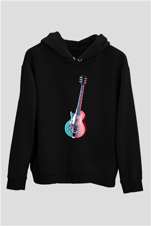 Elektro Gitar Baskılı Unisex Siyah Hoodie