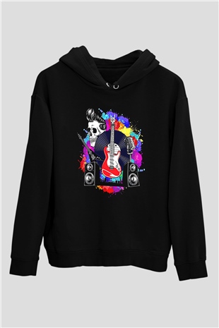 Elektro Gitar Baskılı Unisex Siyah Hoodie
