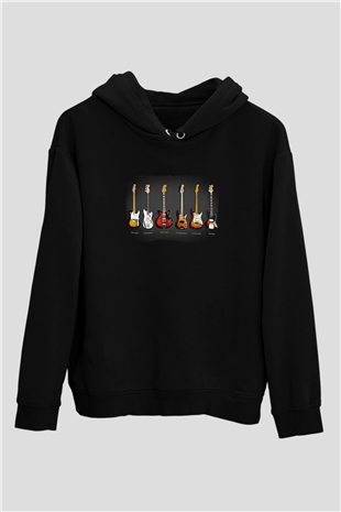 Elektro Gitar Baskılı Unisex Siyah Hoodie